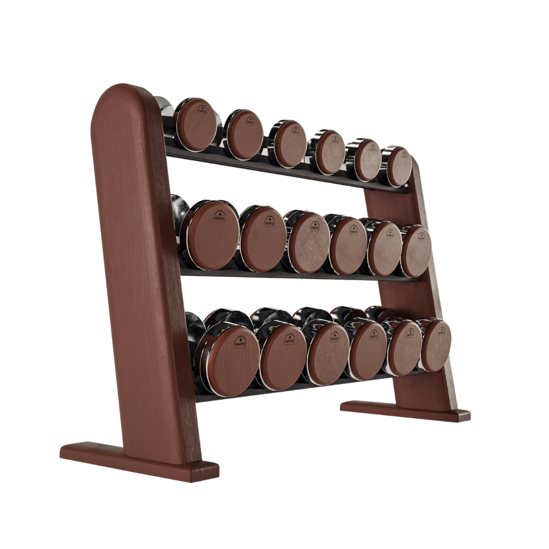 A premium club wooden rack displaying dumbbell made with wood and stainless steel, organized neatly on multiple shelves for easy access. NOHRD DumbBells Set