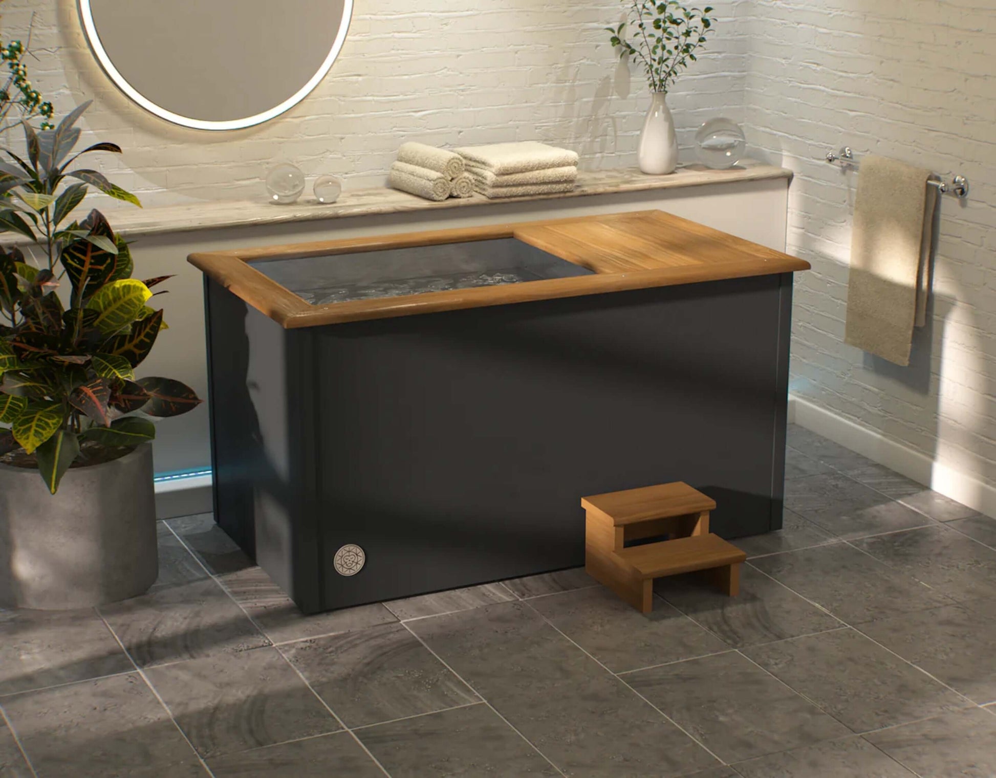 A premium cold therapy ice bath handcrafted with coppered oak wood finish and anthracite grey. Brass Monkey - Ice Bath