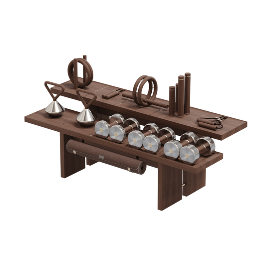 Kenko Fitness Set “Shinko” – elegant full-body training kit in walnut with brass detailing.