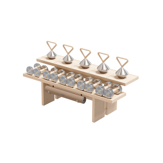 Kenko Fitness Set “Kiwami” – complete luxury fitness collection in maple wood with brass accents.
