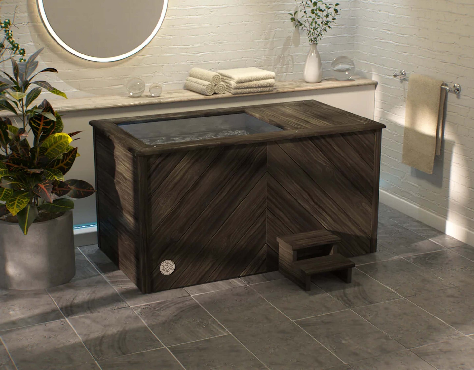 A premium cold therapy ice bath handcrafted with herringbone antique oak wood finish. Brass Monkey - Ice Bath