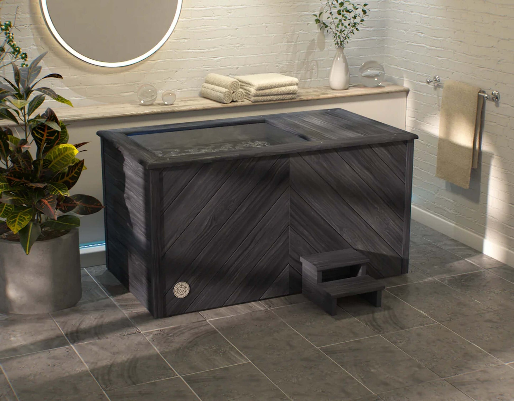 A premium cold therapy ice bath handcrafted with herringbone burnt cedar wood finish. Brass Monkey - Ice Bath