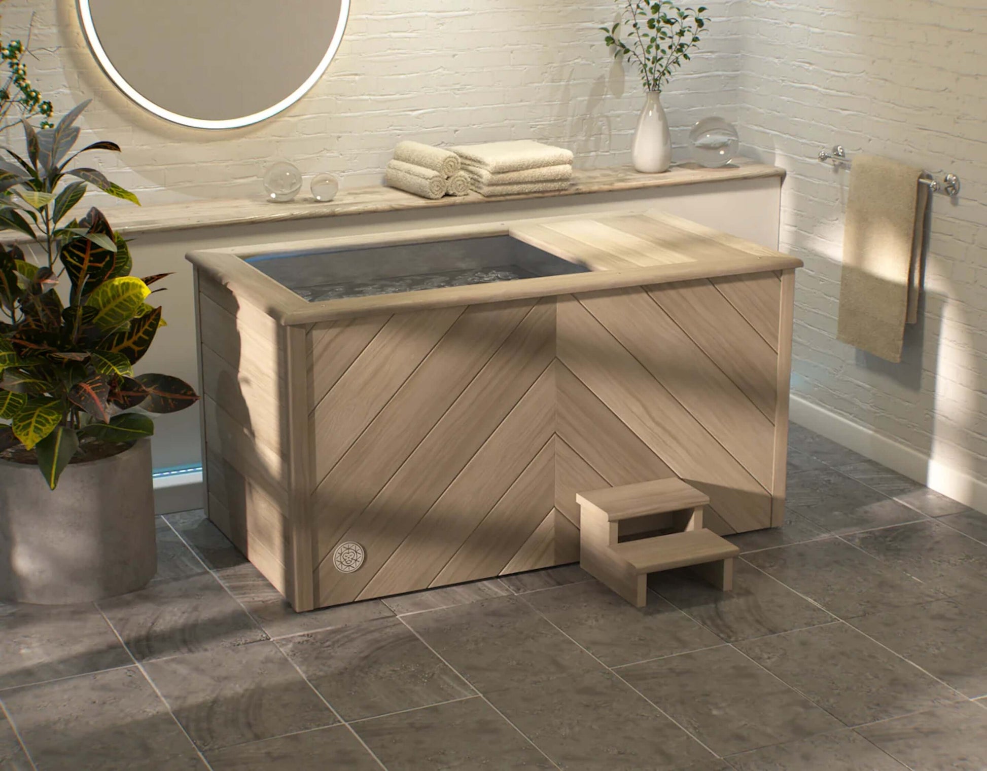 A premium cold therapy ice bath handcrafted with herringbone limed oak wood finish. Brass Monkey - Ice Bath
