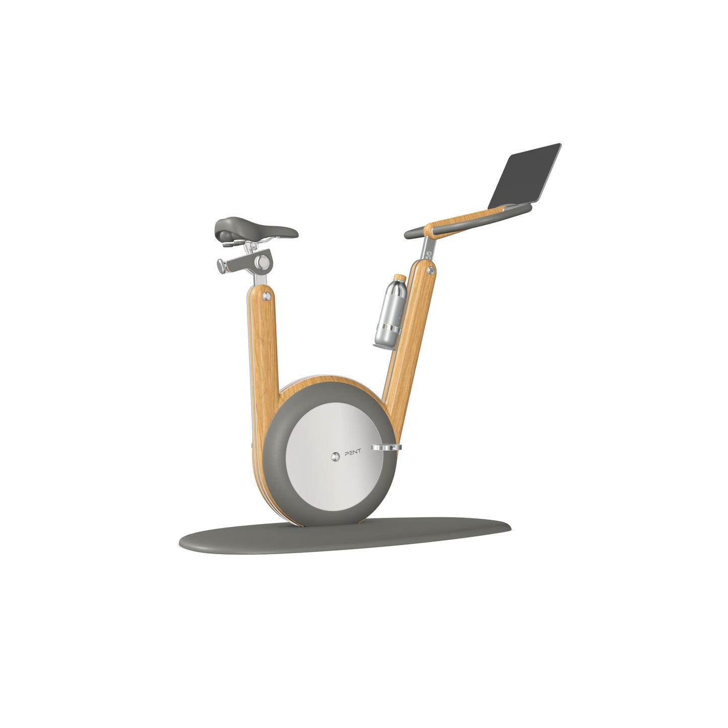 A modern stationary exercise bike with grey leather and natural oak wood, sleek design, adjustable seat, and attached workout screen. PENT Hania Exercise Bike