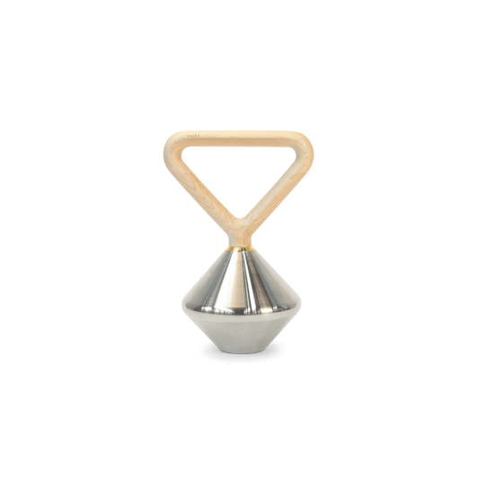 Kenko Kettlebell – minimalist stainless steel kettlebell with maple wood handle and brass detailing.