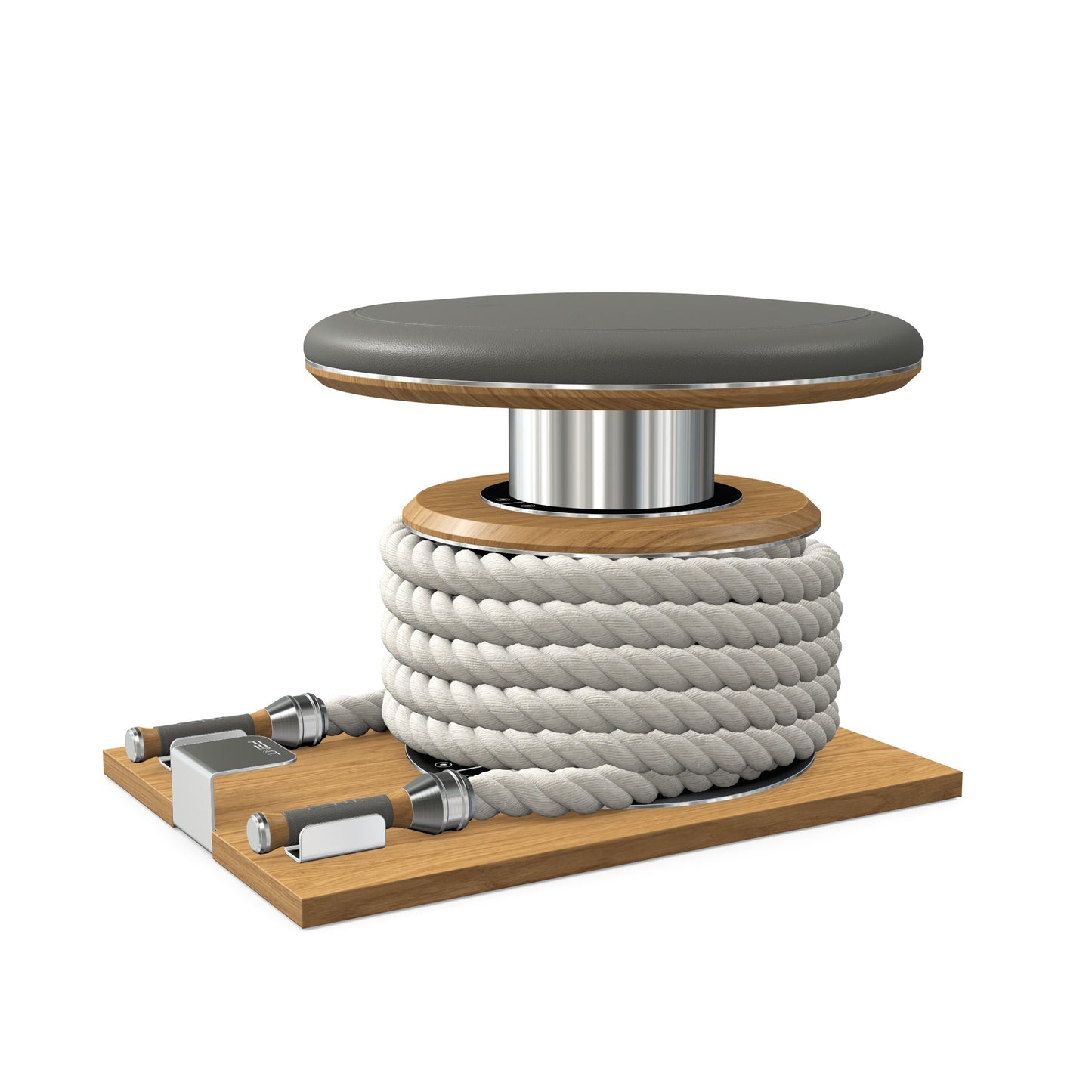 Premium gym battle rope in white colour, made with with marine grade stainless steel and solid oak wooden handles and stand, wrapped in luxurious Italian grey leather, packed neatly into its own handmade wooden stand. PENT. LINA Set - Battle Rope