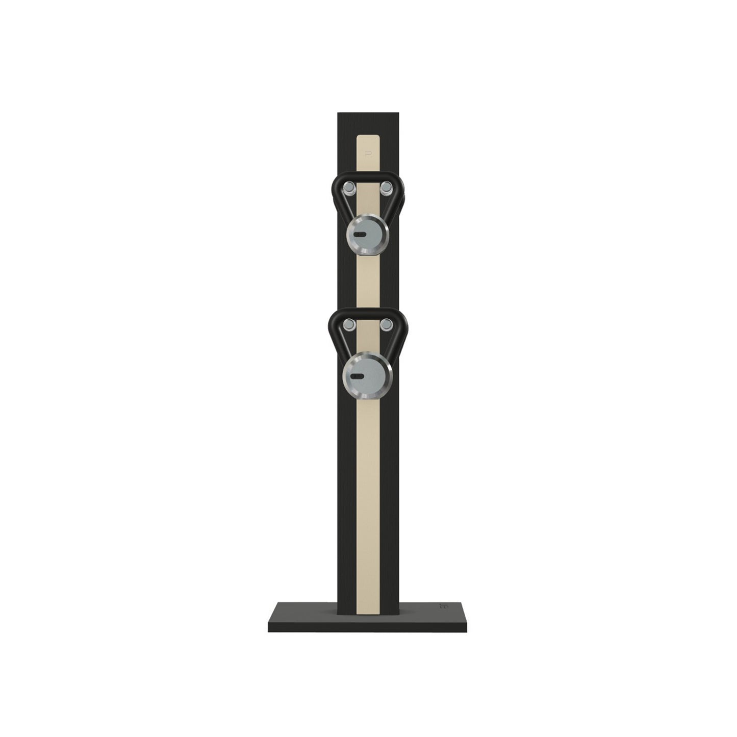 Luxury fitness equipment, 4 luxury kettlebells on vertical wooden stand, handcrafted with stainless steel, premium Italian beige leather and black ash wood. PENT. LOVA Set