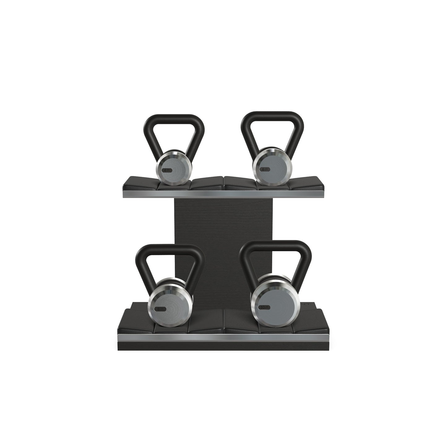 Luxury fitness equipment, luxury kettlebells on horizontal wooden stand, handcrafted with stainless steel, premium Italian black leather and black ash wood. PENT. LOVA Set - Kettlebells on a Horizontal Stand