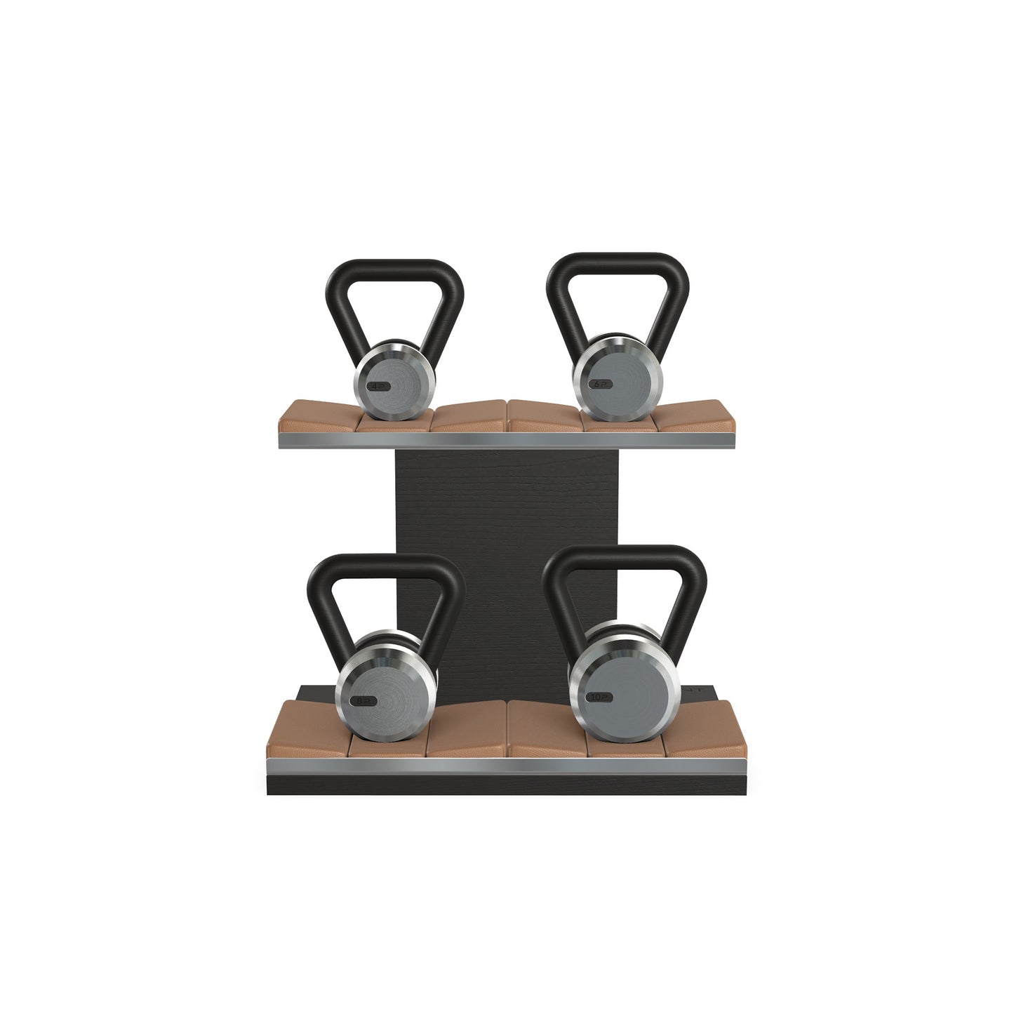 Luxury fitness equipment, luxury kettlebells on horizontal wooden stand, handcrafted with stainless steel, premium Italian brown leather and black ash wood. PENT. LOVA Set - Kettlebells on a Horizontal Stand