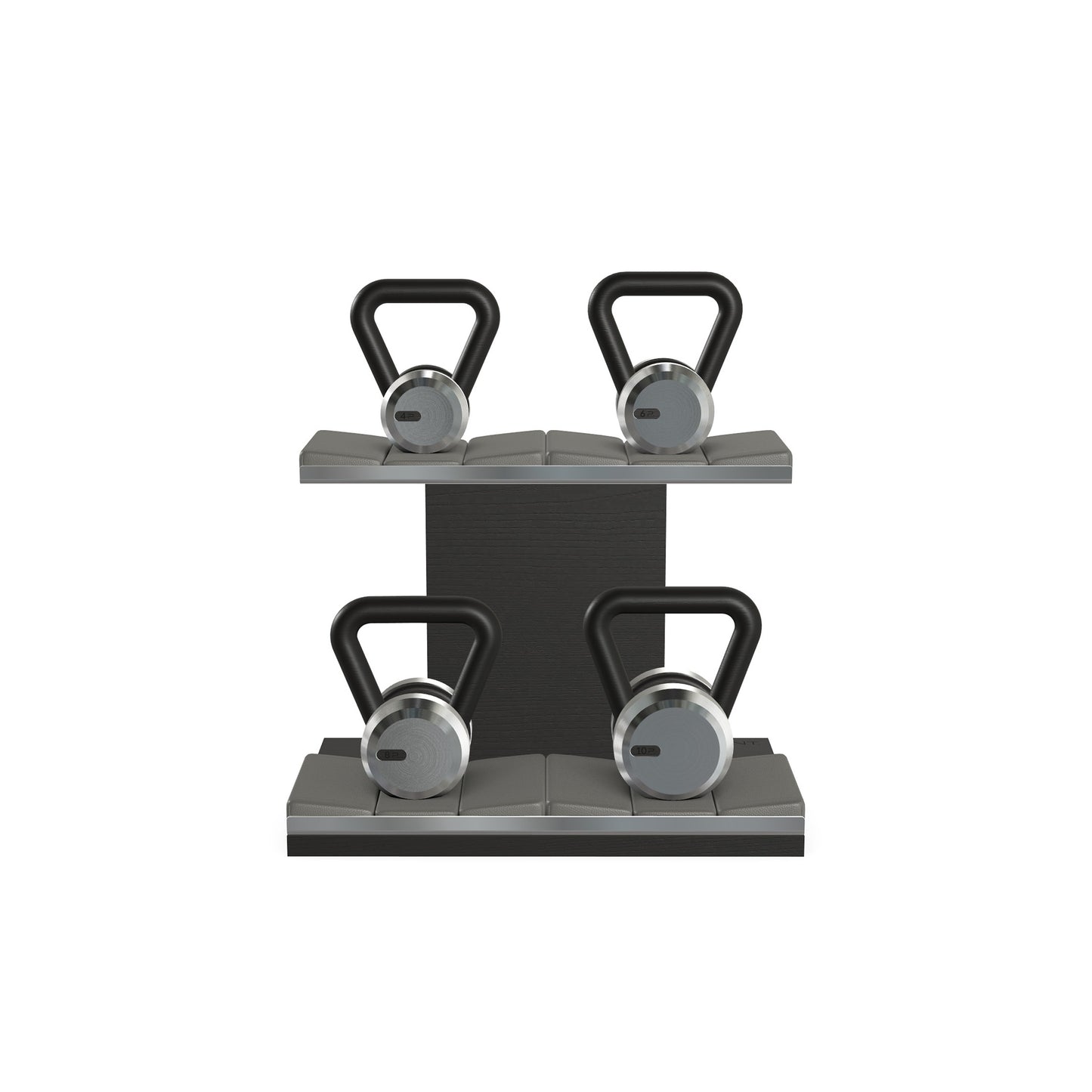 Luxury fitness equipment, luxury kettlebells on horizontal wooden stand, handcrafted with stainless steel, premium Italian grey leather and black ash wood. PENT. LOVA Set - Kettlebells on a Horizontal Stand