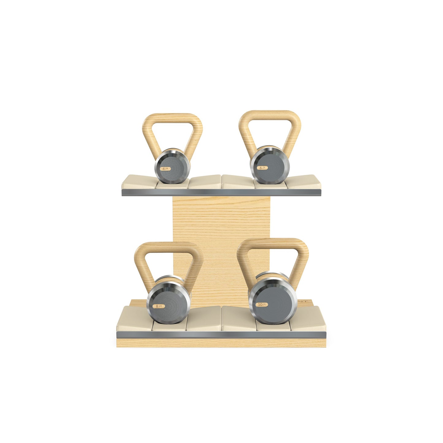 Luxury fitness equipment, 4 luxury kettlebells on horizontal wooden stand, handcrafted with stainless steel, premium Italian beige leather and natural ash wood. PENT. LOVA Set - Kettlebells on a Horizontal Stand