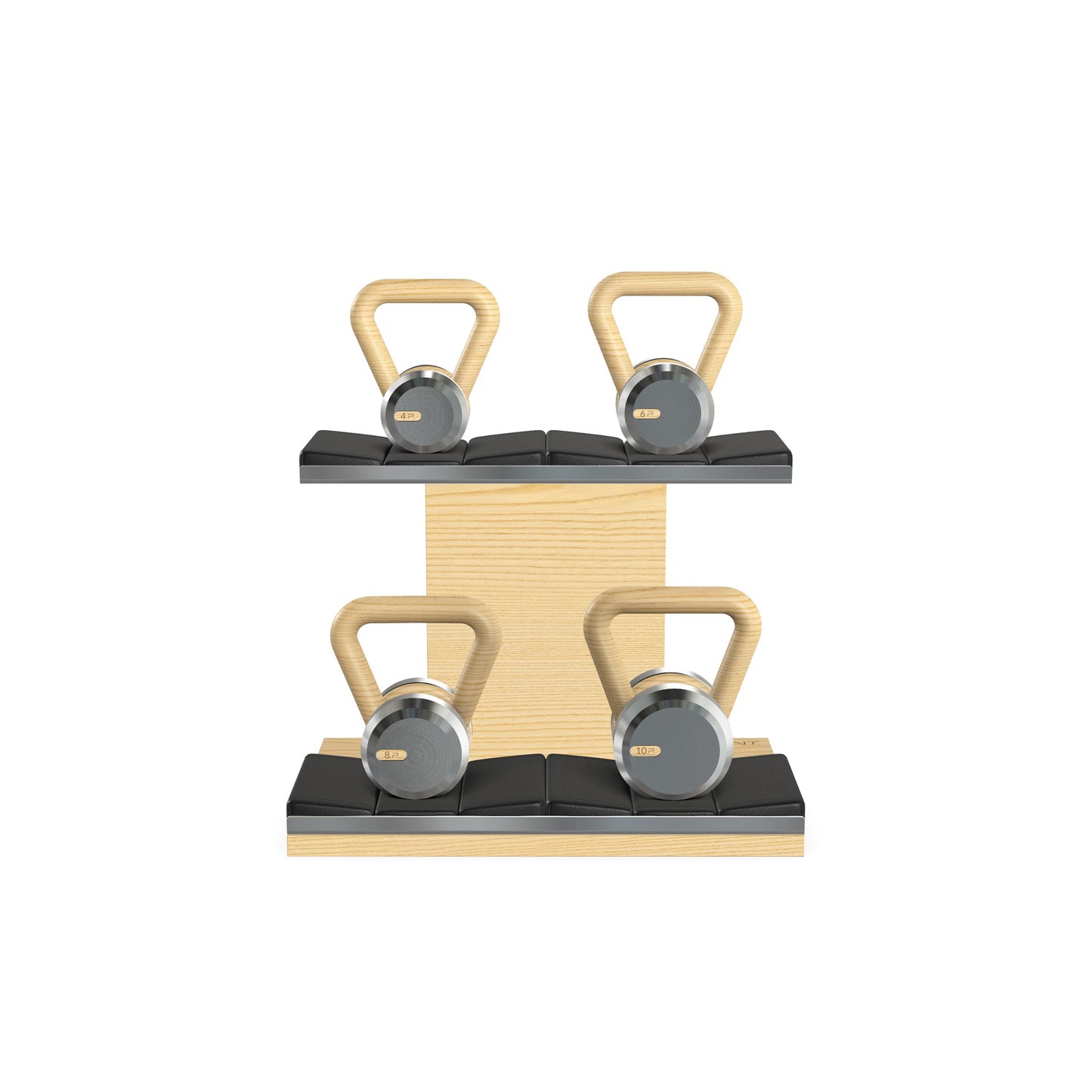 Luxury fitness equipment, 4 luxury kettlebells on horizontal wooden stand, handcrafted with stainless steel, premium Italian black leather and natural ash wood. PENT. LOVA Set - Kettlebells on a Horizontal Stand