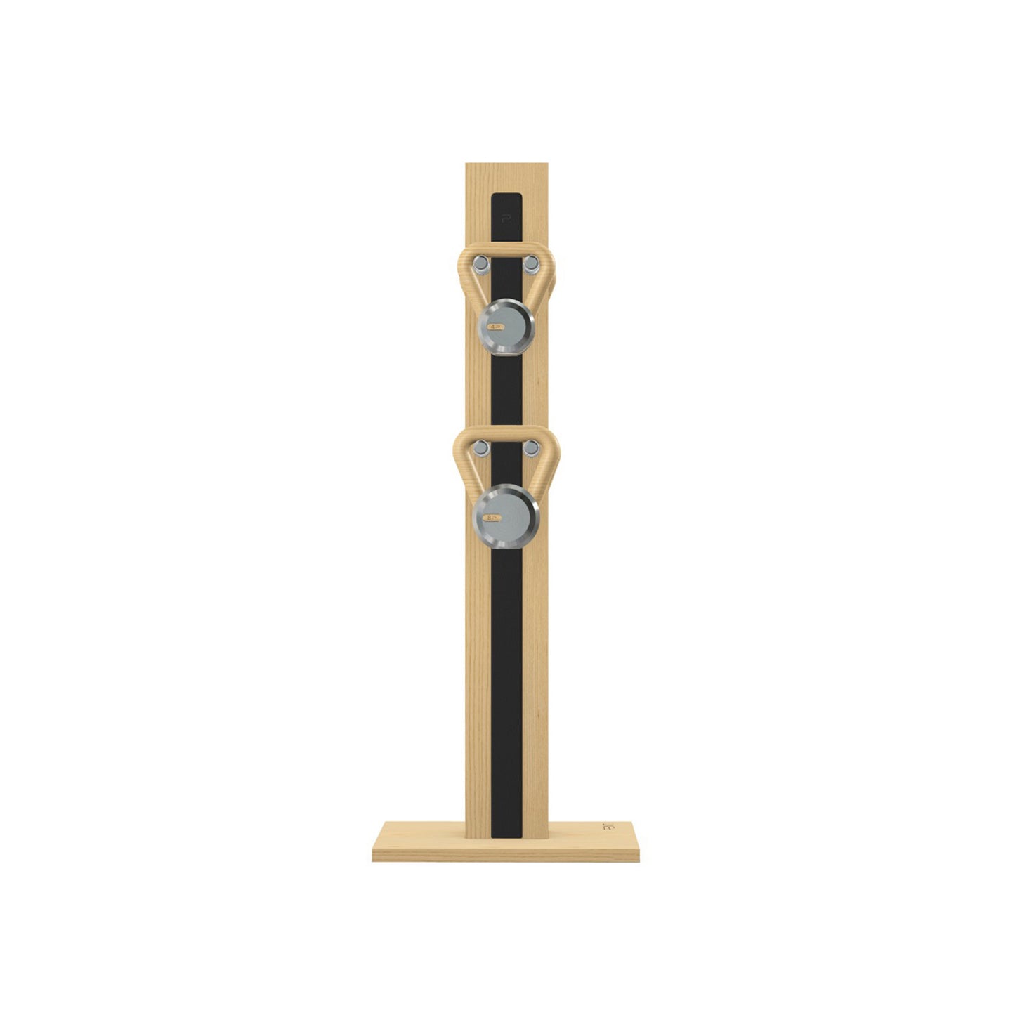 Luxury fitness equipment, 4 luxury kettlebells on vertical wooden stand, handcrafted with stainless steel, premium Italian black leather and natural ash wood. PENT. LOVA Set