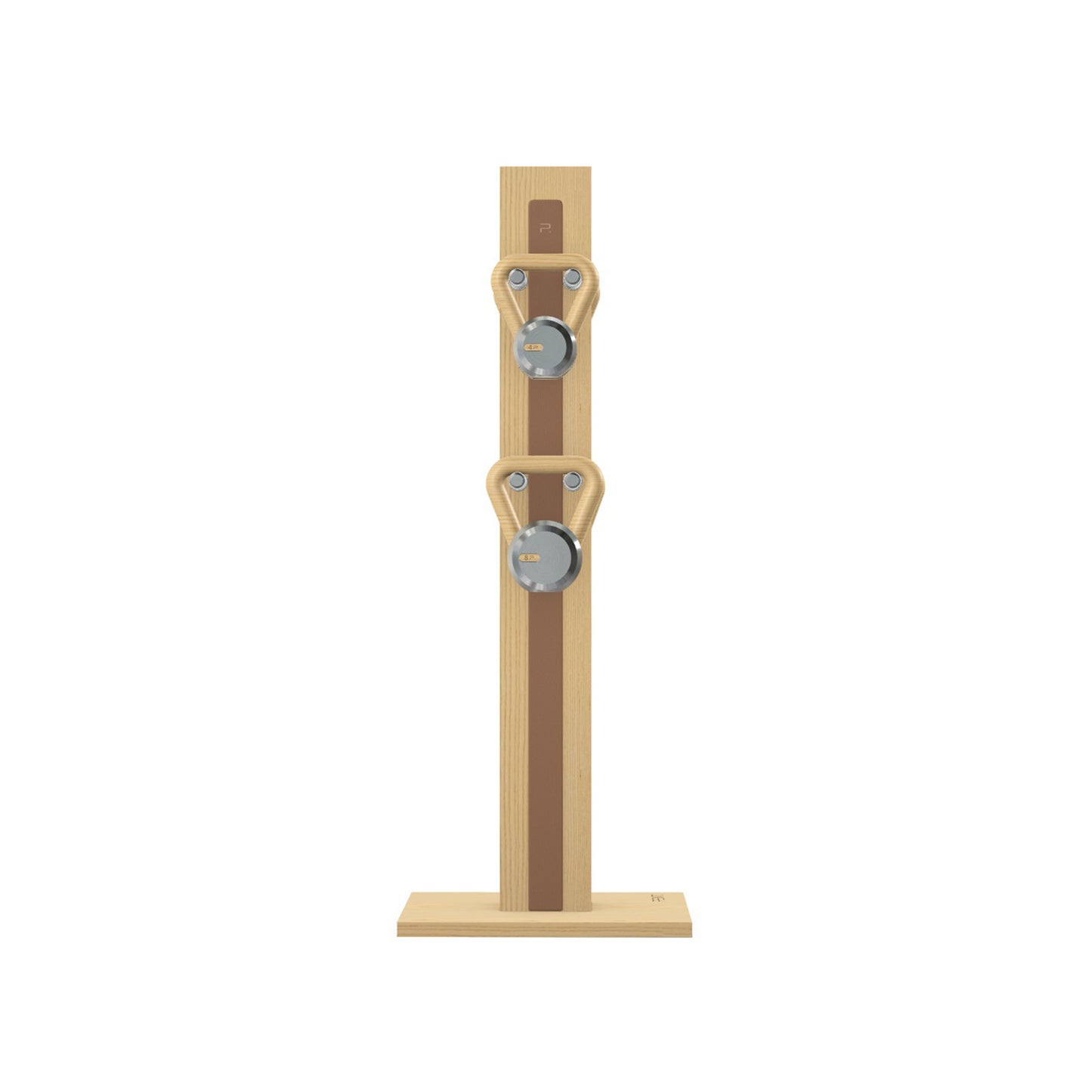 Luxury fitness equipment, 4 luxury kettlebells on vertical wooden stand, handcrafted with stainless steel, premium Italian brown leather and natural ash wood. PENT. LOVA Set