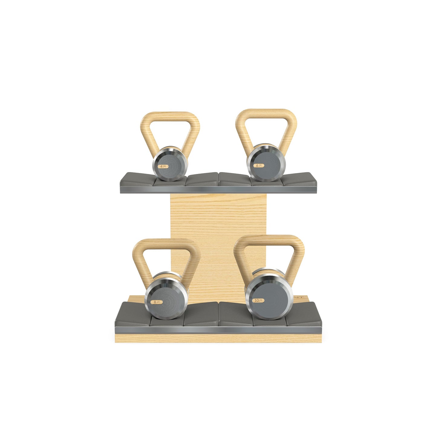 Luxury fitness equipment, 4 luxury kettlebells on horizontal wooden stand, handcrafted with stainless steel, premium Italian grey leather and natural ash wood. PENT. LOVA Set - Kettlebells on a Horizontal Stand