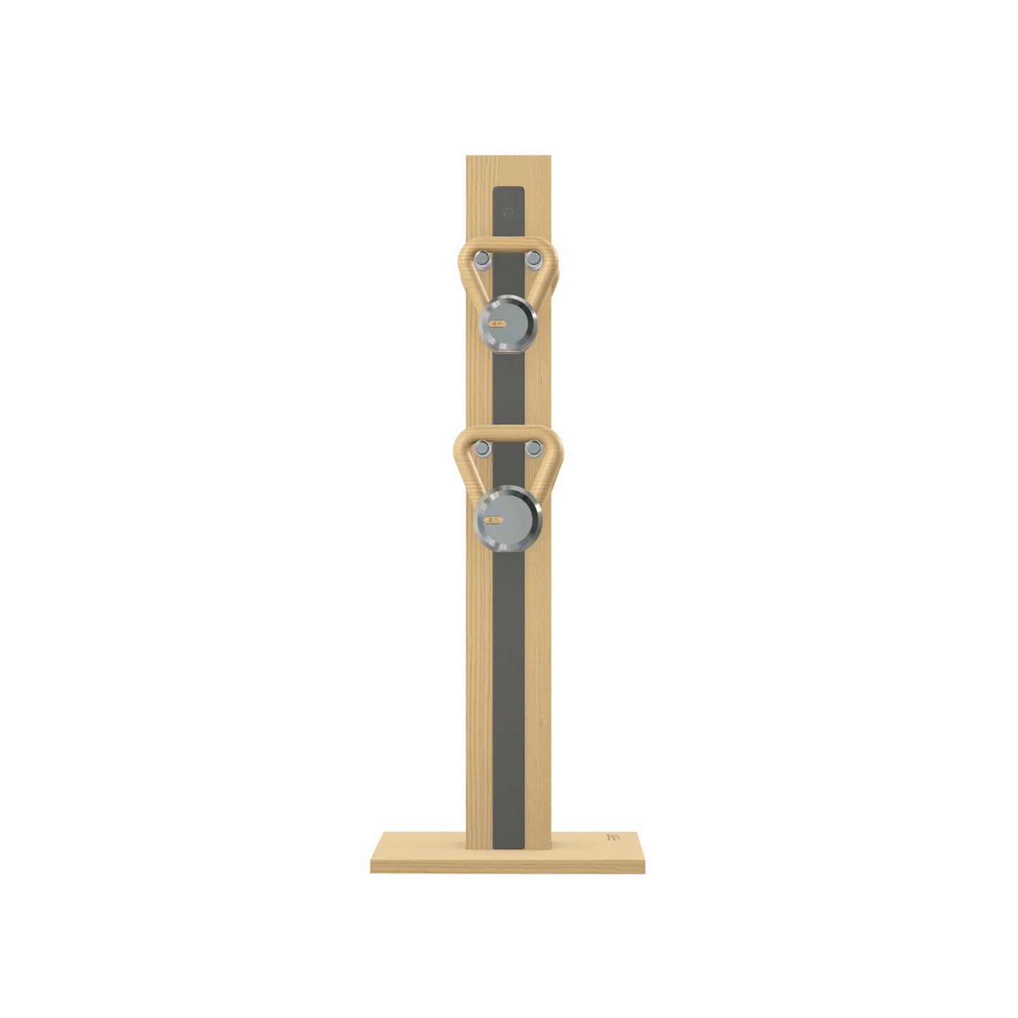Luxury fitness equipment, 4 luxury kettlebells on vertical wooden stand, handcrafted with stainless steel, premium Italian grey leather and natural ash wood. PENT. LOVA Set