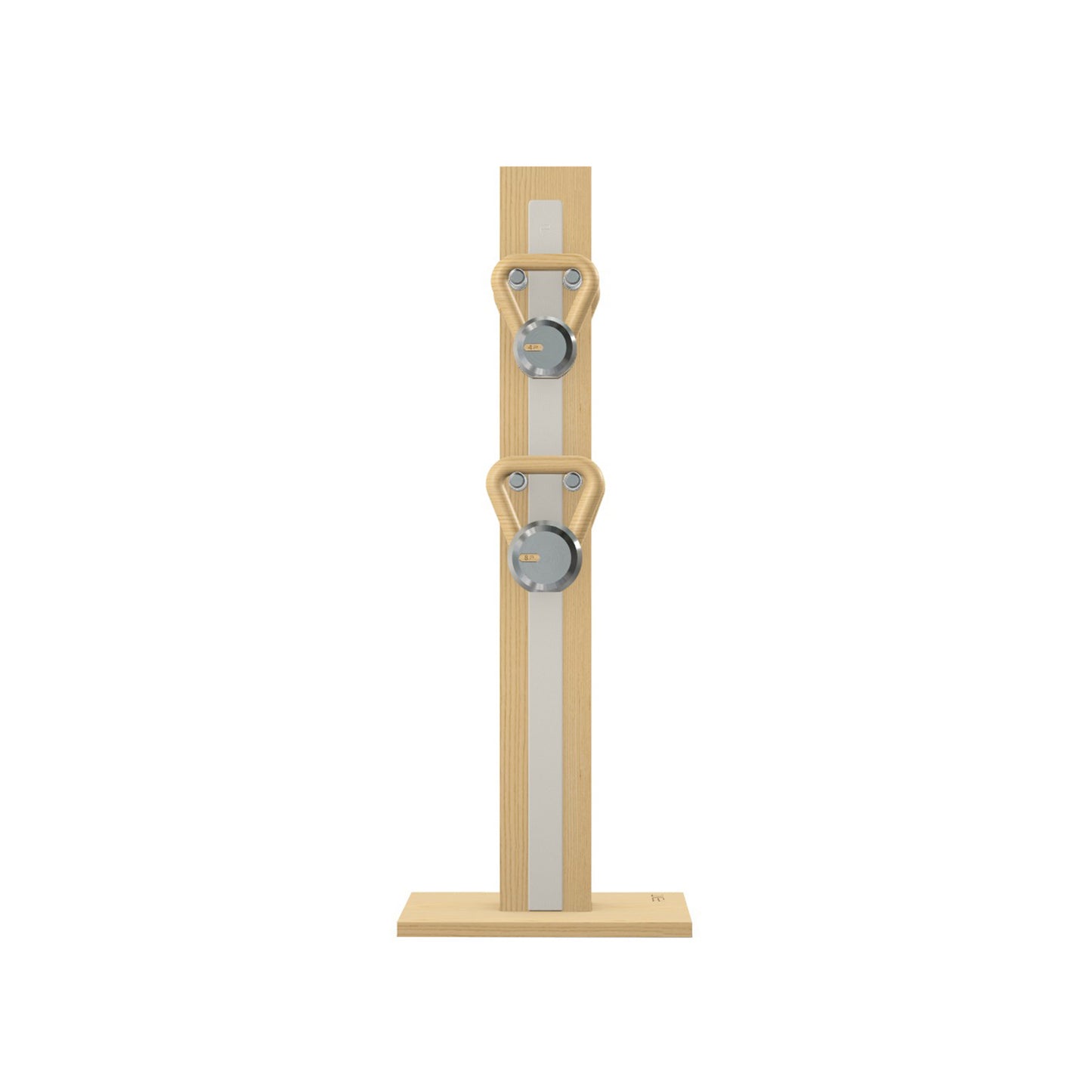 Luxury fitness equipment, 4 luxury kettlebells on vertical wooden stand, handcrafted with stainless steel, premium Italian white leather and natural ash wood. PENT. LOVA Set