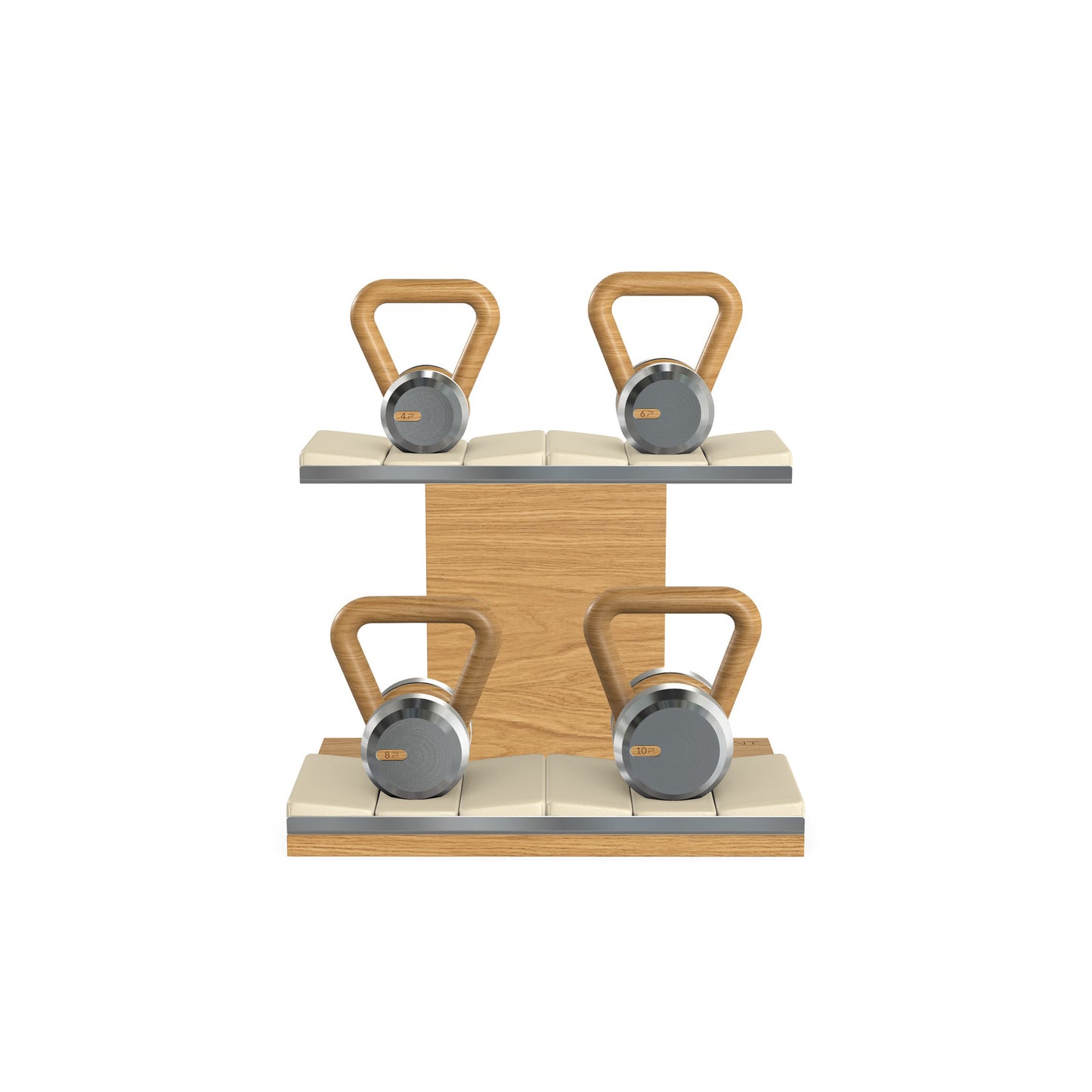 Luxury fitness equipment, luxury kettlebells on horizontal wooden stand, handcrafted with stainless steel, premium Italian beige leather and oak wood. PENT. LOVA Set - Kettlebells on a Horizontal Stand