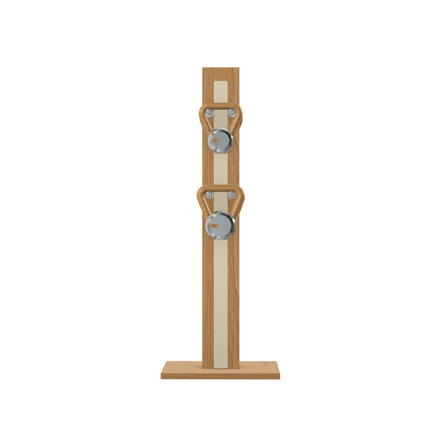 Luxury fitness equipment, 4 luxury kettlebells on vertical wooden stand, handcrafted with stainless steel, premium Italian beige leather and oak wood. PENT. LOVA Set