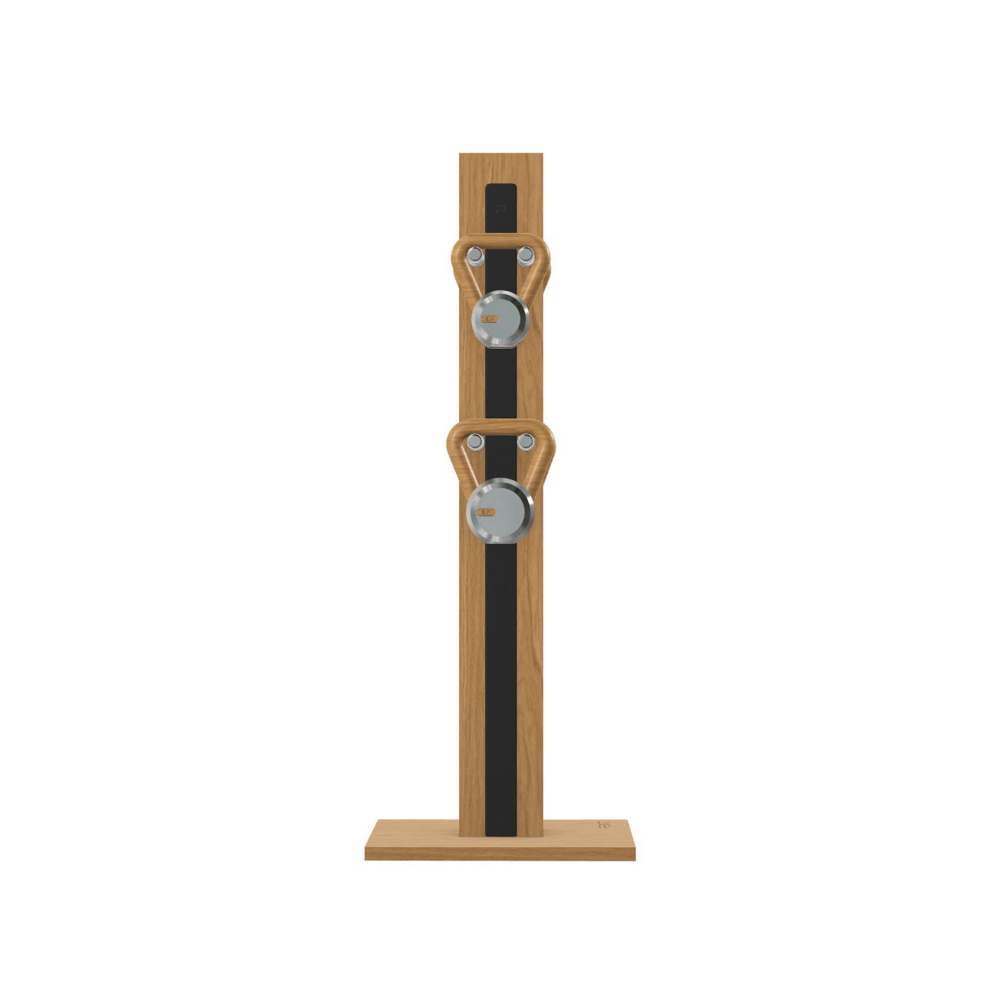 Luxury fitness equipment, 4 luxury kettlebells on vertical wooden stand, handcrafted with stainless steel, premium Italian black leather and oak wood. PENT. LOVA Set