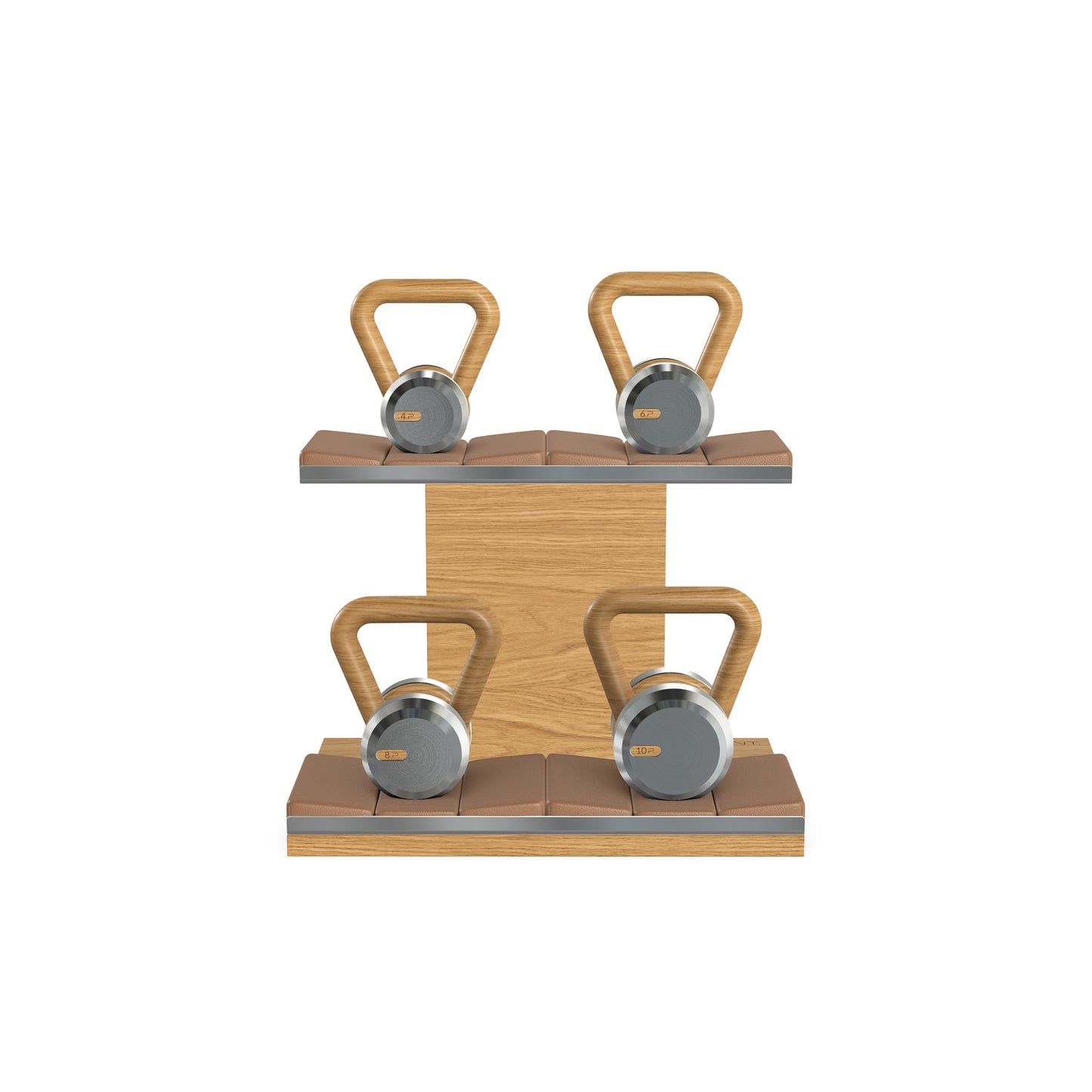 Luxury fitness equipment, luxury kettlebells on horizontal wooden stand, handcrafted with stainless steel, premium Italian brown leather and oak wood. PENT. LOVA Set - Kettlebells on a Horizontal Stand