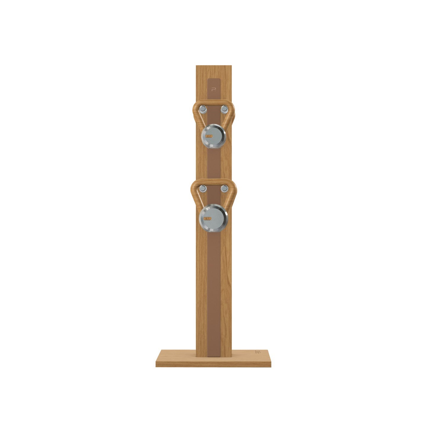 Luxury fitness equipment, 4 luxury kettlebells on vertical wooden stand, handcrafted with stainless steel, premium Italian brown leather and oak wood. PENT. LOVA Set