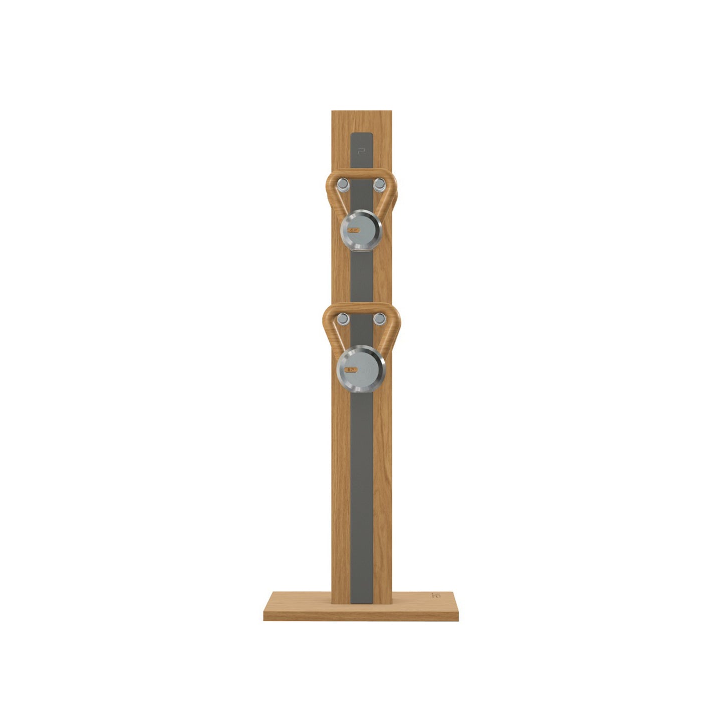 Luxury fitness equipment, 4 luxury kettlebells on vertical wooden stand, handcrafted with stainless steel, premium Italian grey leather and oak wood. PENT. LOVA Set