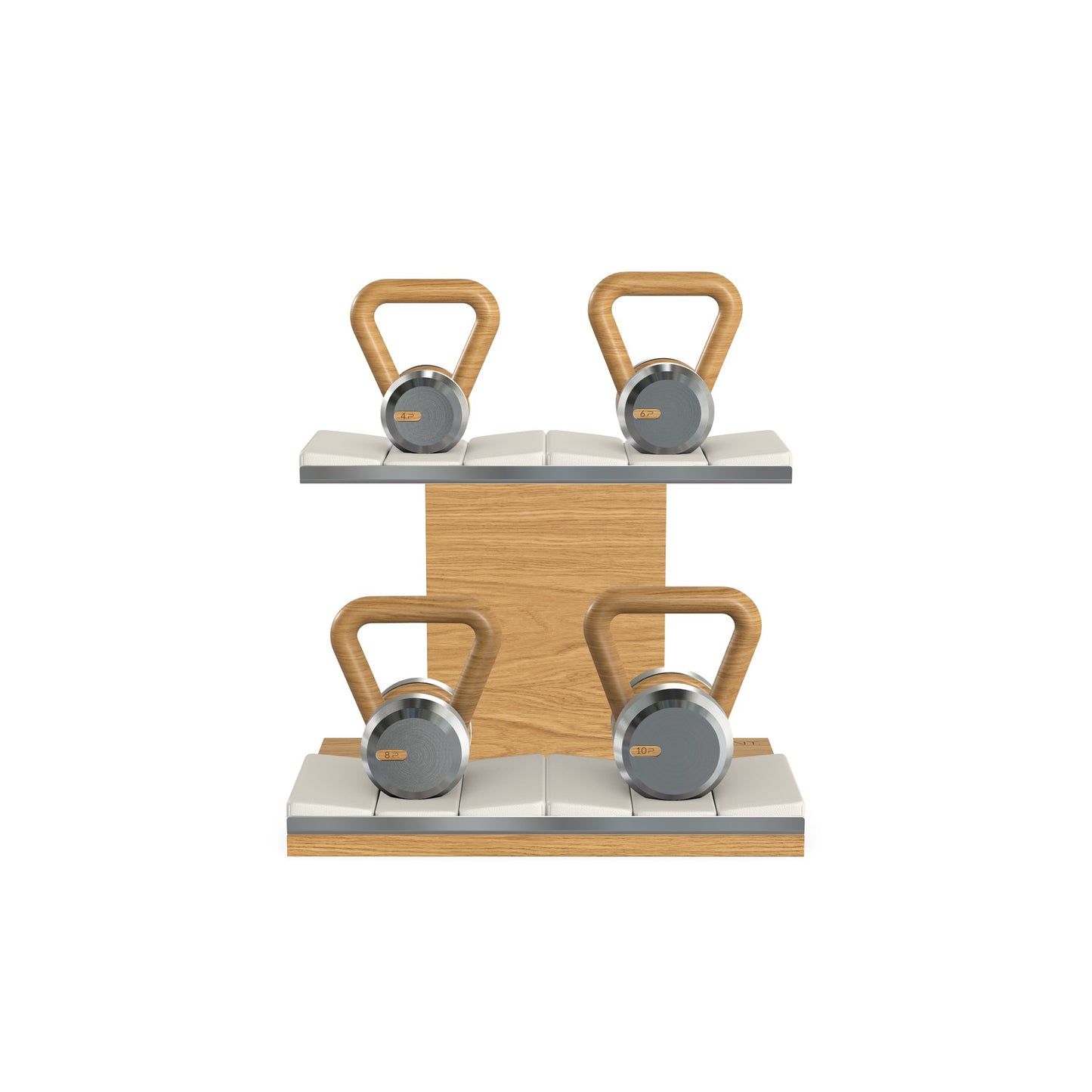 Luxury fitness equipment, luxury kettlebells on horizontal wooden stand, handcrafted with stainless steel, premium Italian white leather and oak wood. PENT. LOVA Set - Kettlebells on a Horizontal Stand
