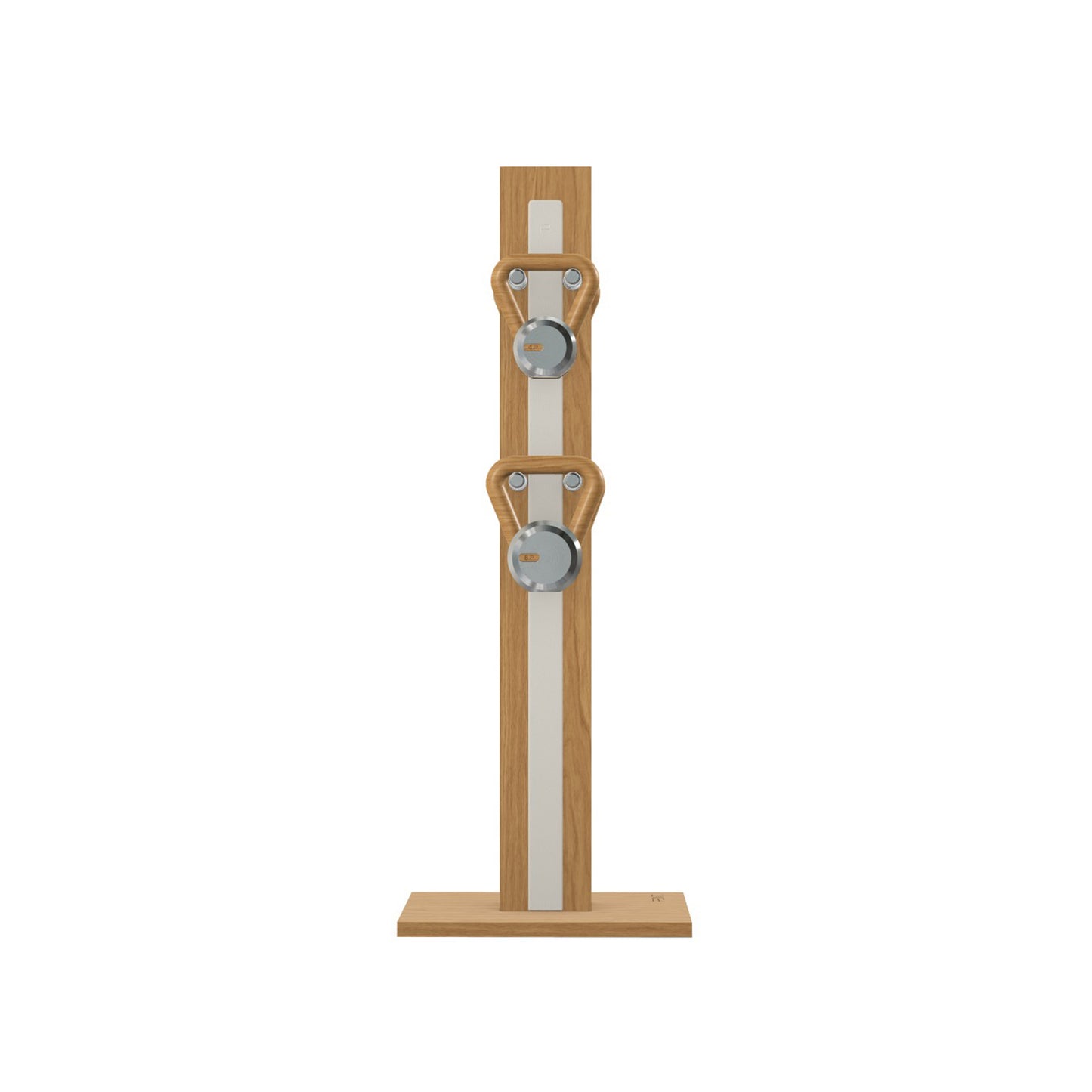 Luxury fitness equipment, 4 luxury kettlebells on vertical wooden stand, handcrafted with stainless steel, premium Italian white leather and oak wood. PENT. LOVA Set