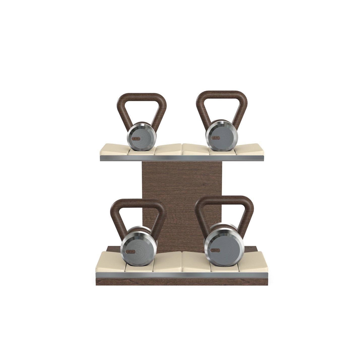 Luxury fitness equipment, 4 luxury kettlebells on horizontal wooden stand, handcrafted with stainless steel, premium Italian beige leather and dark walnut wood. PENT. LOVA Set - Kettlebells on a Horizontal Stand