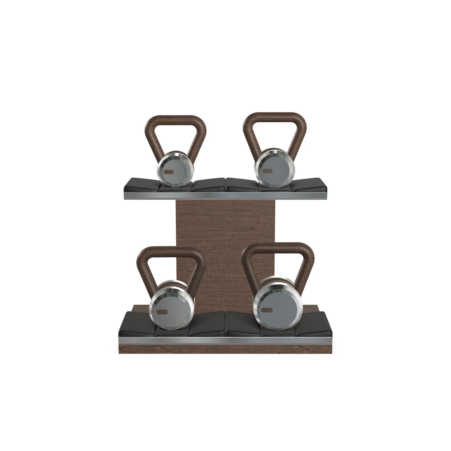 Luxury fitness equipment, 4 luxury kettlebells on horizontal wooden stand, handcrafted with stainless steel, premium Italian black leather and dark walnut wood. PENT. LOVA Set - Kettlebells on a Horizontal Stand