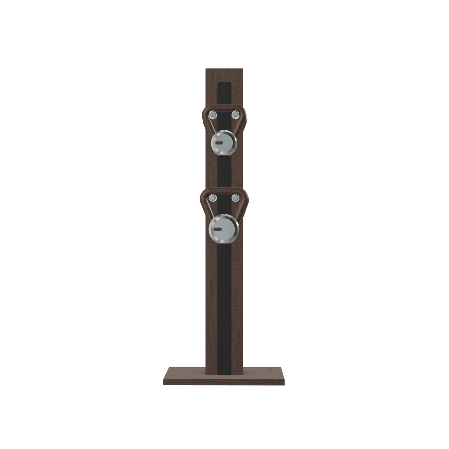 Luxury fitness equipment, 4 luxury kettlebells on vertical wooden stand, handcrafted with stainless steel, premium Italian black leather and dark walnut wood. PENT. LOVA Set