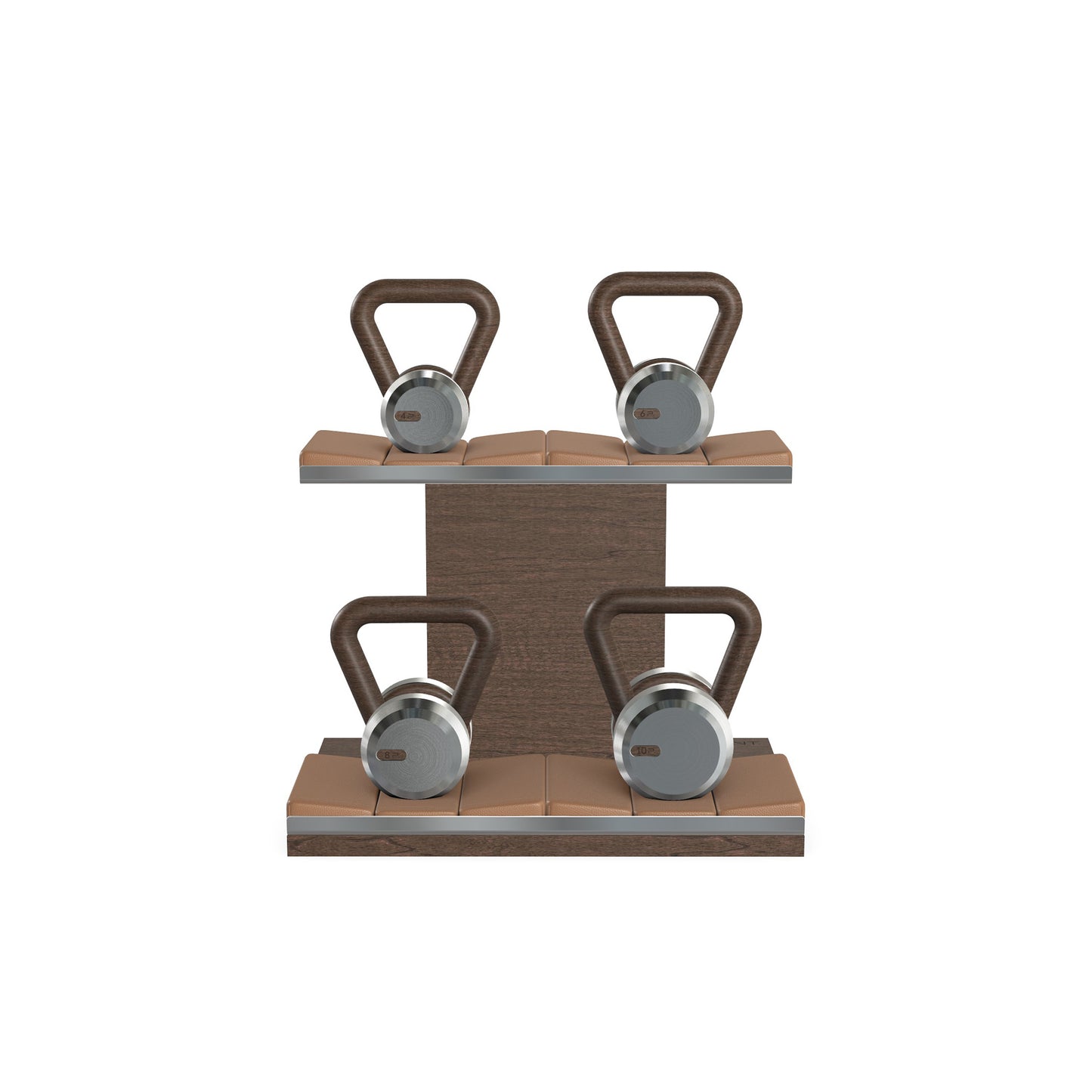 Luxury fitness equipment, 4 luxury kettlebells on horizontal wooden stand, handcrafted with stainless steel, premium Italian brown leather and dark walnut wood. PENT. LOVA Set - Kettlebells on a Horizontal Stand