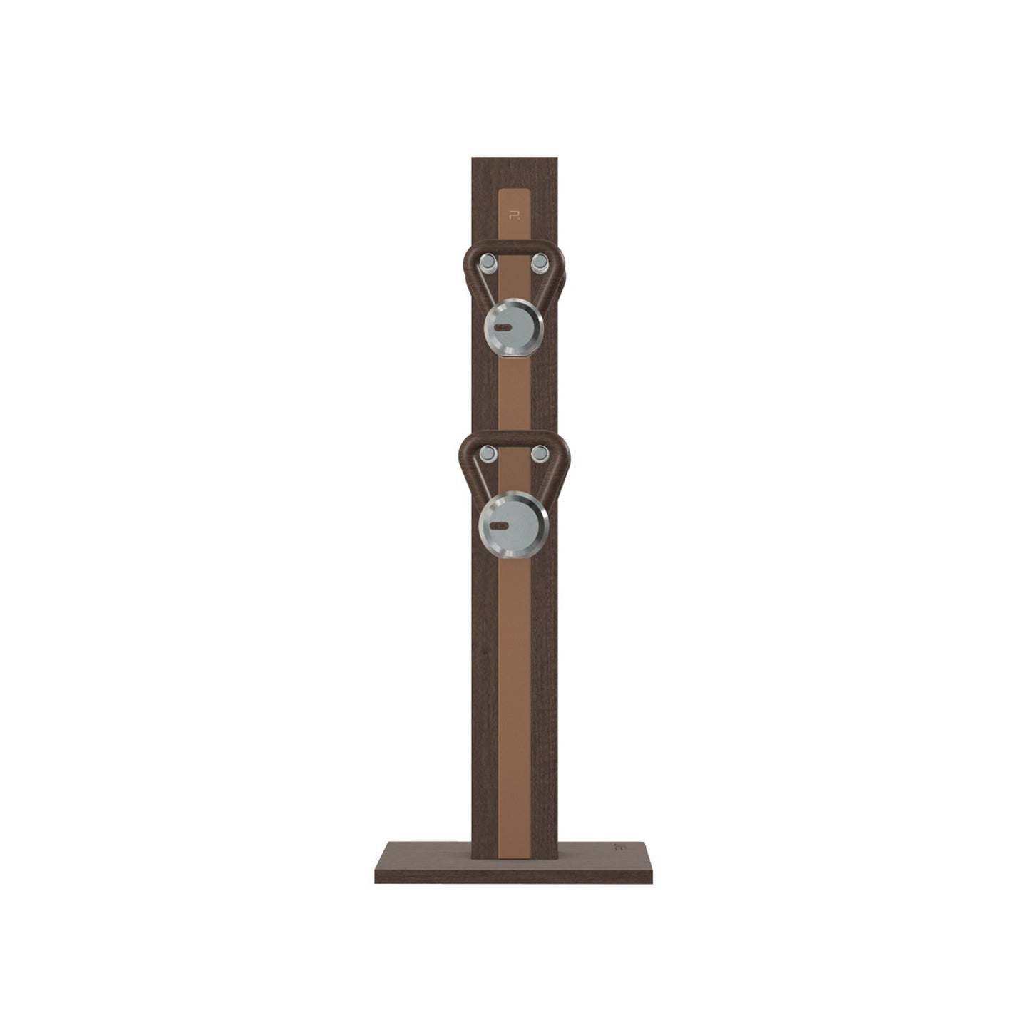 Luxury fitness equipment, 4 luxury kettlebells on vertical wooden stand, handcrafted with stainless steel, premium Italian brown leather and dark walnut wood. PENT. LOVA Set