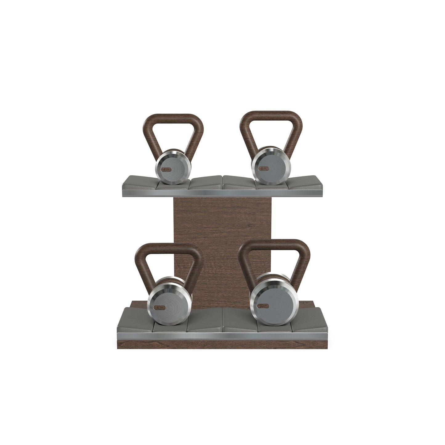 Luxury fitness equipment, 4 luxury kettlebells on horizontal wooden stand, handcrafted with stainless steel, premium Italian grey leather and dark walnut wood. PENT. LOVA Set - Kettlebells on a Horizontal Stand
