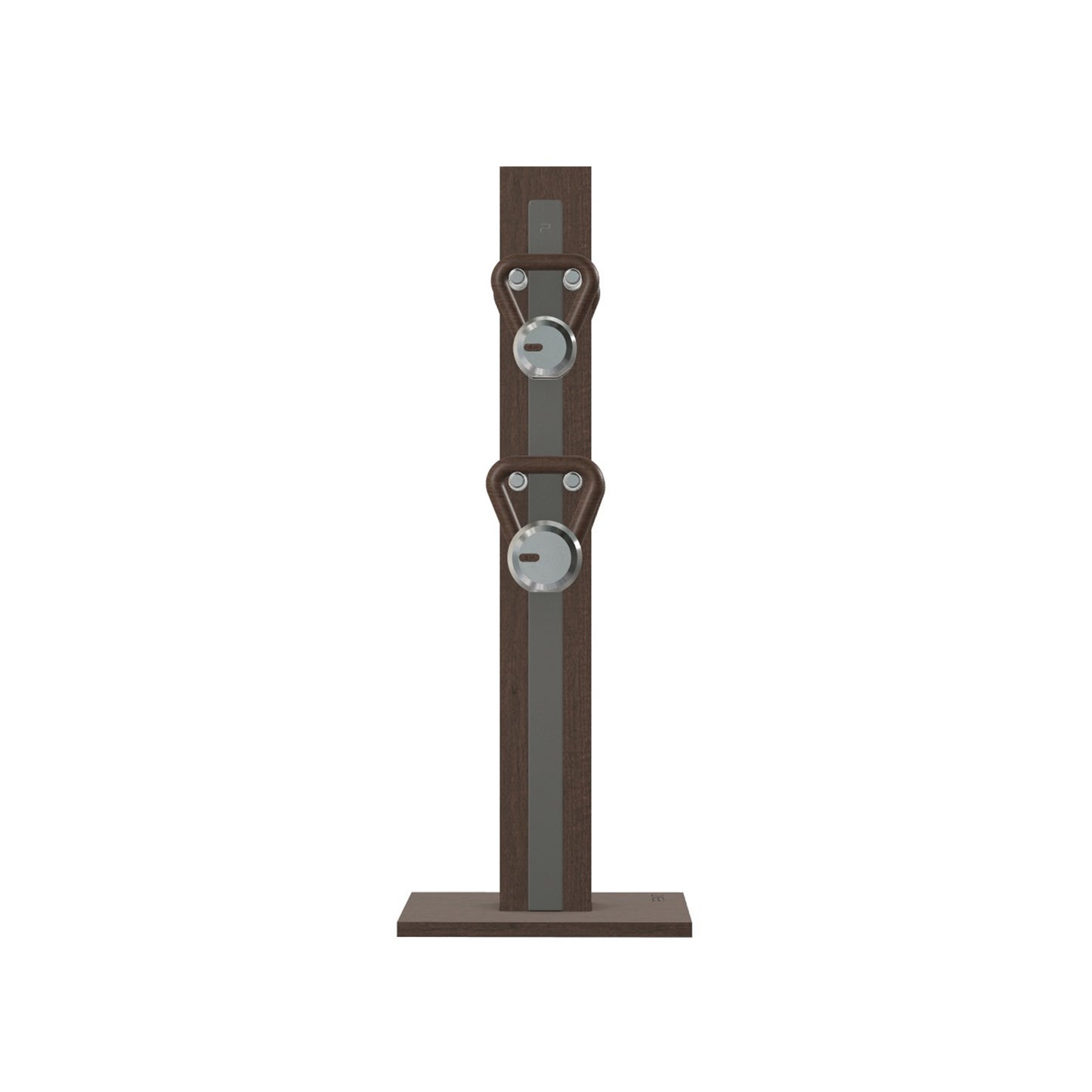 Luxury fitness equipment, 4 luxury kettlebells on vertical wooden stand, handcrafted with stainless steel, premium Italian grey leather and dark walnut wood. PENT. LOVA Set