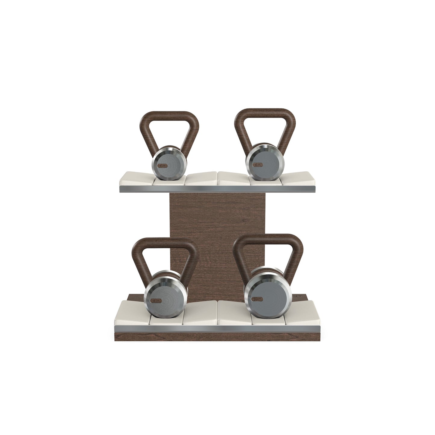 Luxury fitness equipment, 4 luxury kettlebells on horizontal wooden stand, handcrafted with stainless steel, premium Italian white leather and dark walnut wood. PENT. LOVA Set - Kettlebells on a Horizontal Stand
