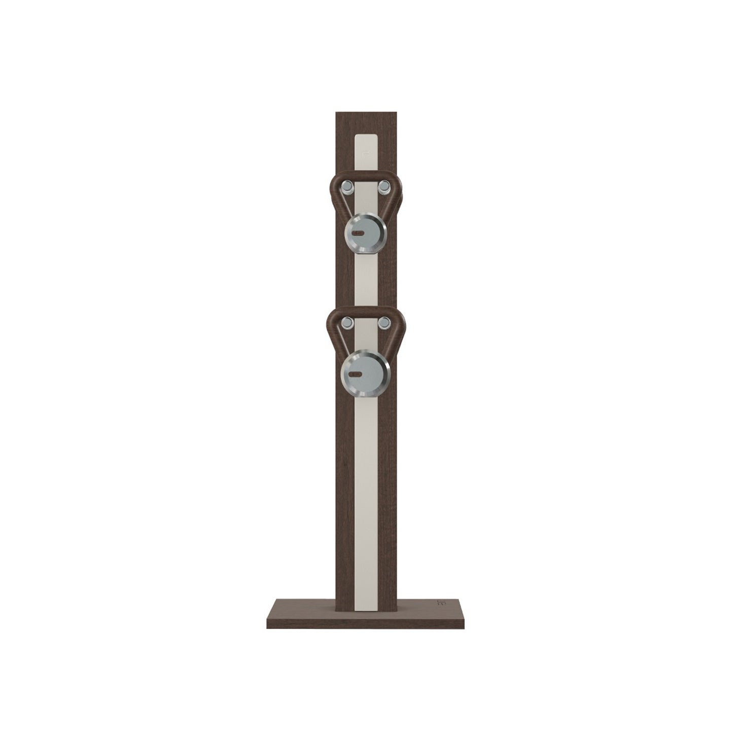 Luxury fitness equipment, 4 luxury kettlebells on vertical wooden stand, handcrafted with stainless steel, premium Italian white leather and dark walnut wood. PENT. LOVA Set