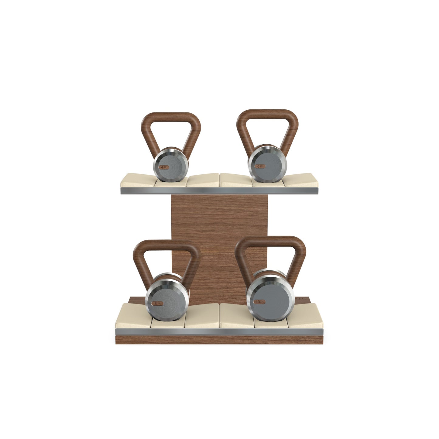Luxury fitness equipment, 4 luxury kettlebells on horizontal wooden stand, handcrafted with stainless steel, premium Italian beige leather and natural walnut wood. PENT. LOVA Set - Kettlebells on a Horizontal Stand