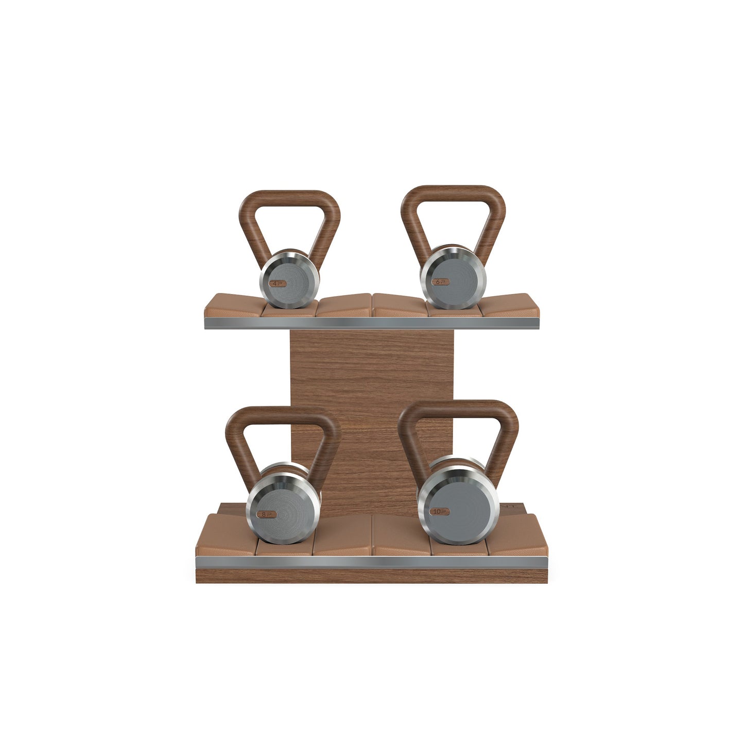 Luxury fitness equipment, 4 luxury kettlebells on horizontal wooden stand, handcrafted with stainless steel, premium Italian brown leather and natural walnut wood. PENT. LOVA Set - Kettlebells on a Horizontal Stand