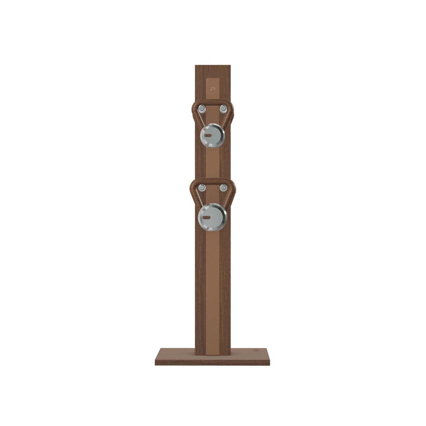Luxury fitness equipment, 4 luxury kettlebells on vertical wooden stand, handcrafted with stainless steel, premium Italian brown leather and natural walnut wood. PENT. LOVA Set