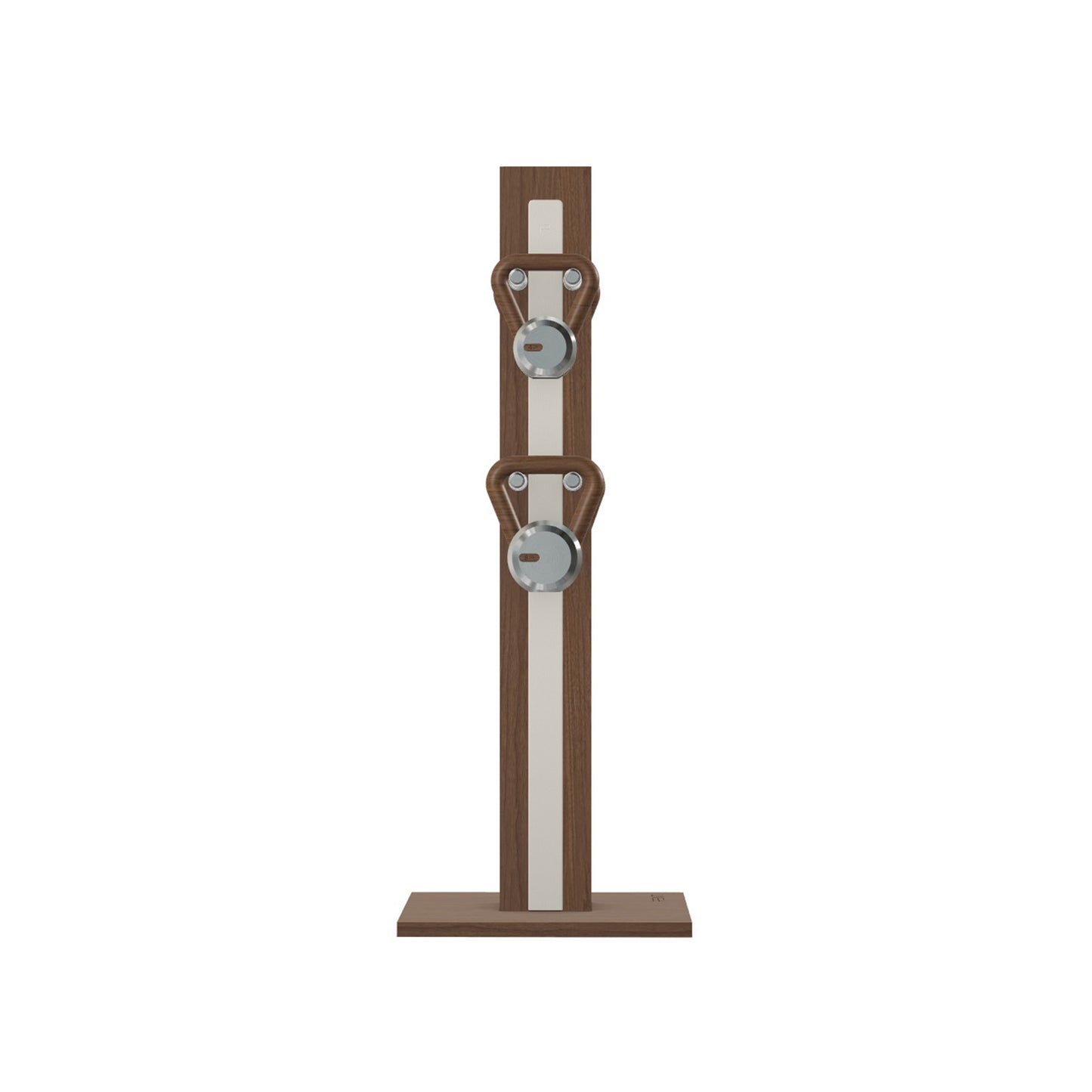 Luxury fitness equipment, 4 luxury kettlebells on vertical wooden stand, handcrafted with stainless steel, premium Italian white leather and natural walnut wood. PENT. LOVA Set