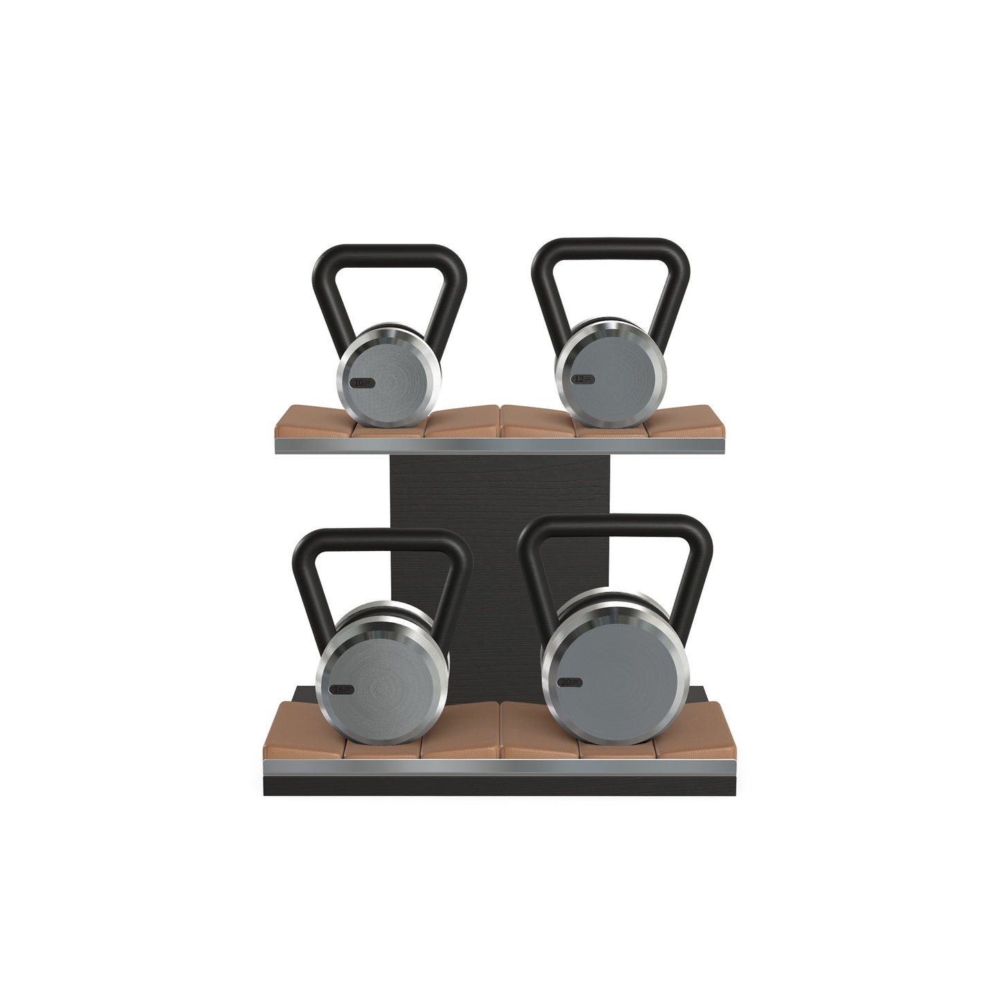 Luxury fitness equipment, luxury kettlebells with 10, 12, 16 and 20 KG, on horizontal wooden stand, handcrafted with stainless steel, premium Italian brown leather and black ash wood.
