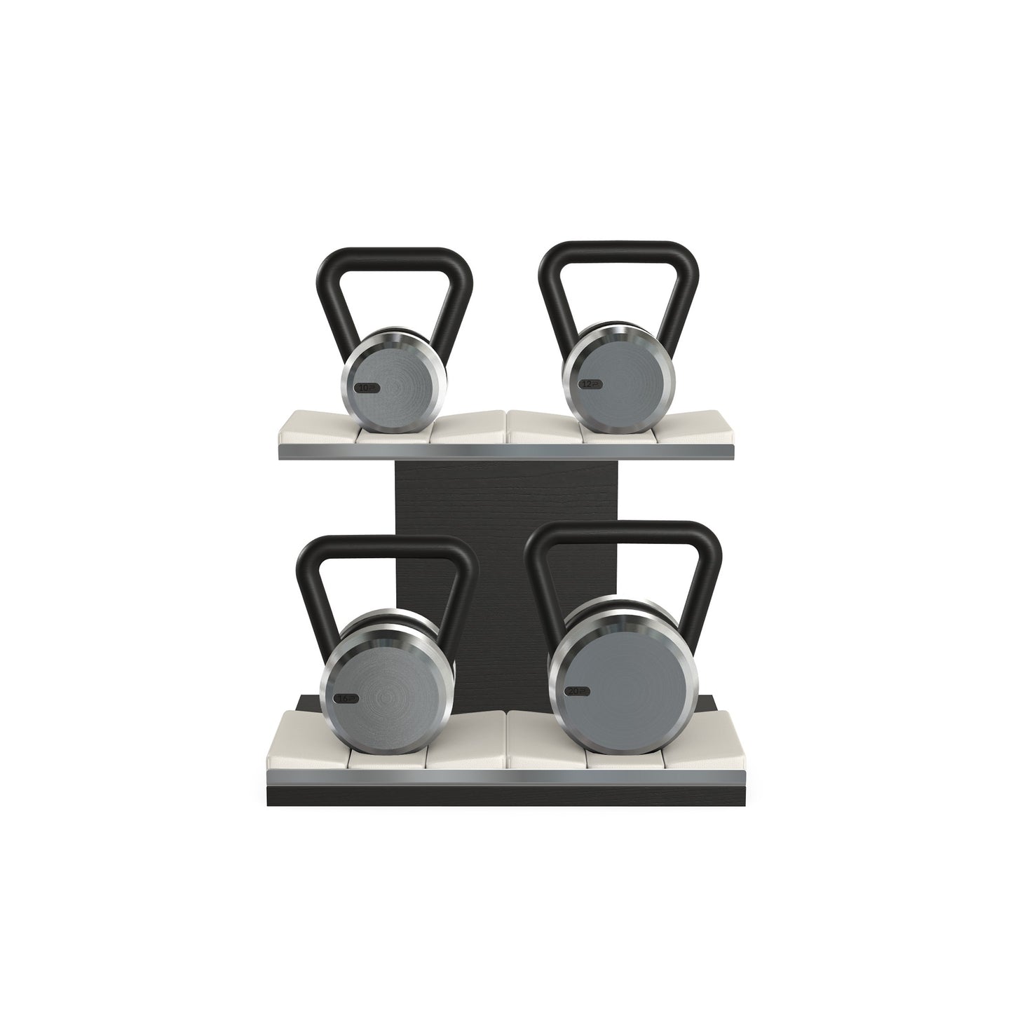 Luxury fitness equipment, luxury kettlebells with 10, 12, 16 and 20 KG, on horizontal wooden stand, handcrafted with stainless steel, premium Italian white leather and black ash wood.
