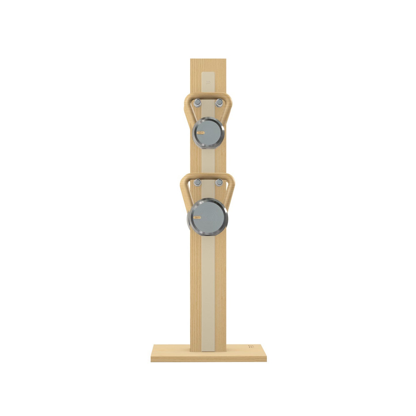 Luxury fitness equipment, 4 luxury kettlebells on vertical wooden stand, handcrafted with stainless steel, premium Italian beige leather and natural ash wood. PENT. LOVA Set (2)
