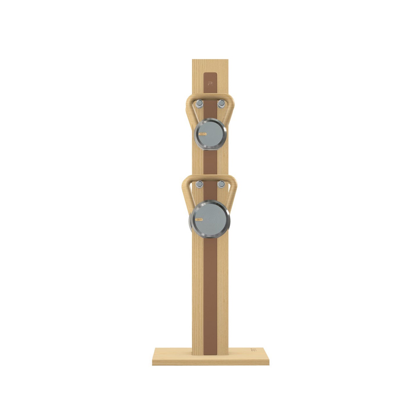 Luxury fitness equipment, 4 luxury kettlebells on vertical wooden stand, handcrafted with stainless steel, premium Italian brown leather and natural ash wood. PENT. LOVA Set (2)