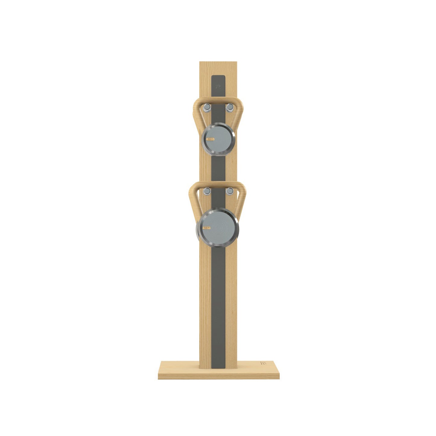 Luxury fitness equipment, 4 luxury kettlebells on vertical wooden stand, handcrafted with stainless steel, premium Italian grey leather and natural ash wood. PENT. LOVA Set (2)