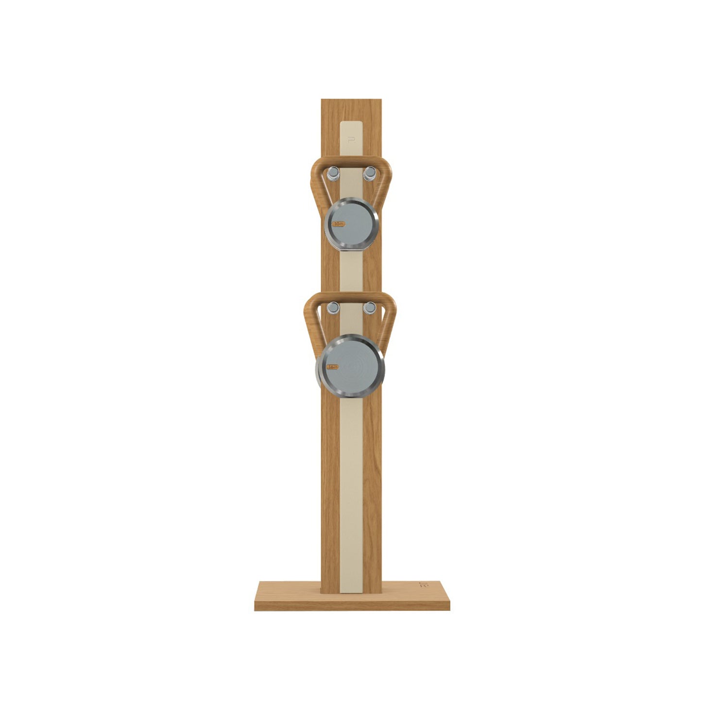Luxury fitness equipment, 4 luxury kettlebells on vertical wooden stand, handcrafted with stainless steel, premium Italian beige leather and oak wood. PENT. LOVA Set (2)