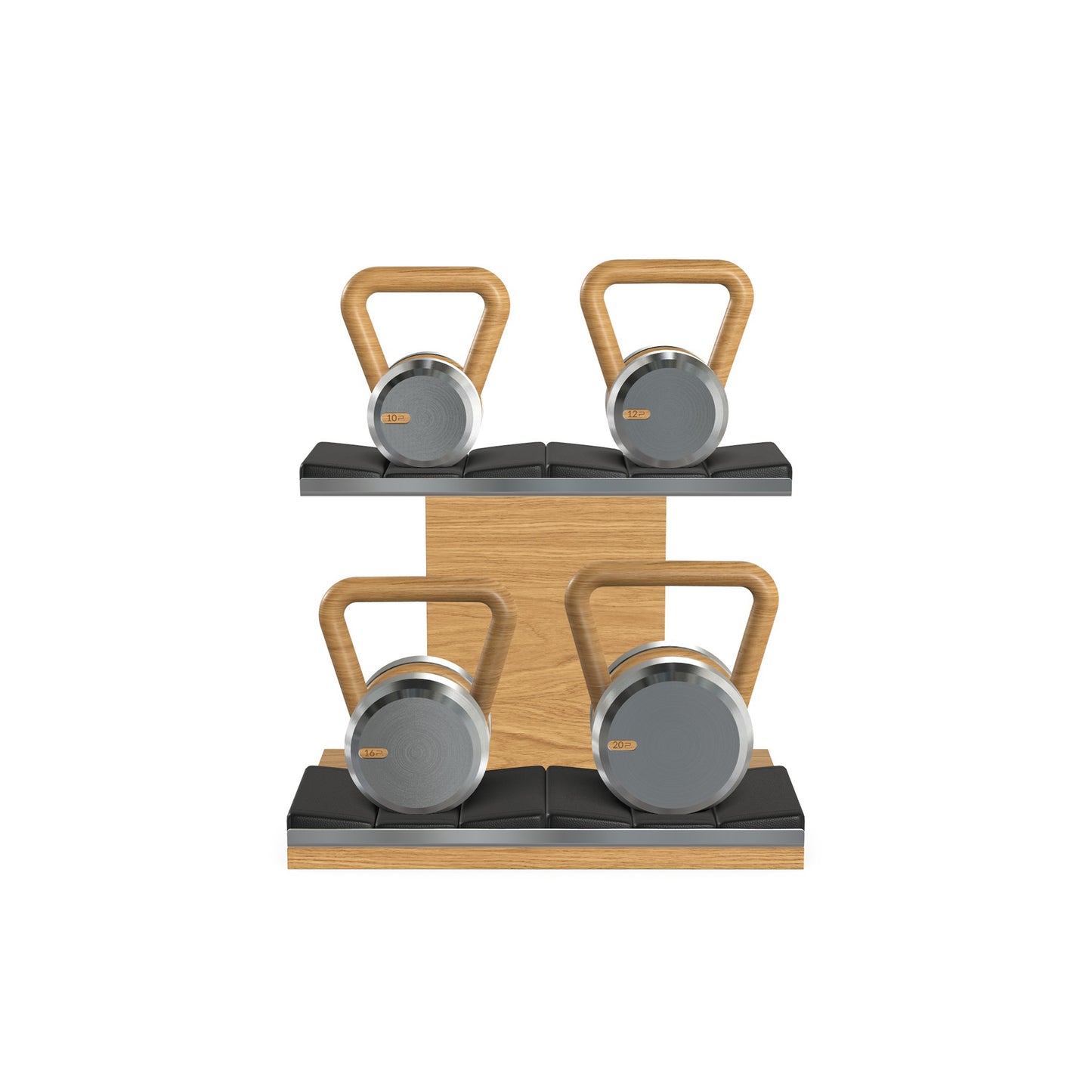 Luxury fitness equipment, luxury kettlebells with 10, 12, 16 and 20 KG, on horizontal wooden stand, handcrafted with stainless steel, premium Italian black leather and oak wood.