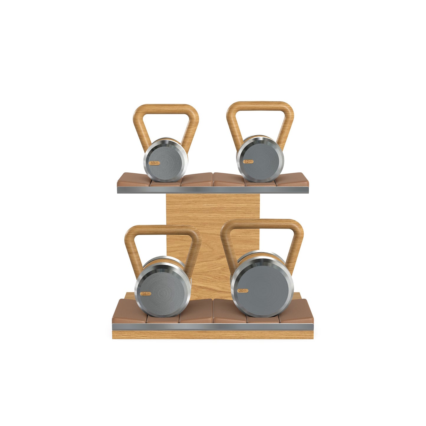 Luxury fitness equipment, luxury kettlebells with 10, 12, 16 and 20 KG, on horizontal wooden stand, handcrafted with stainless steel, premium Italian brown leather and oak wood.